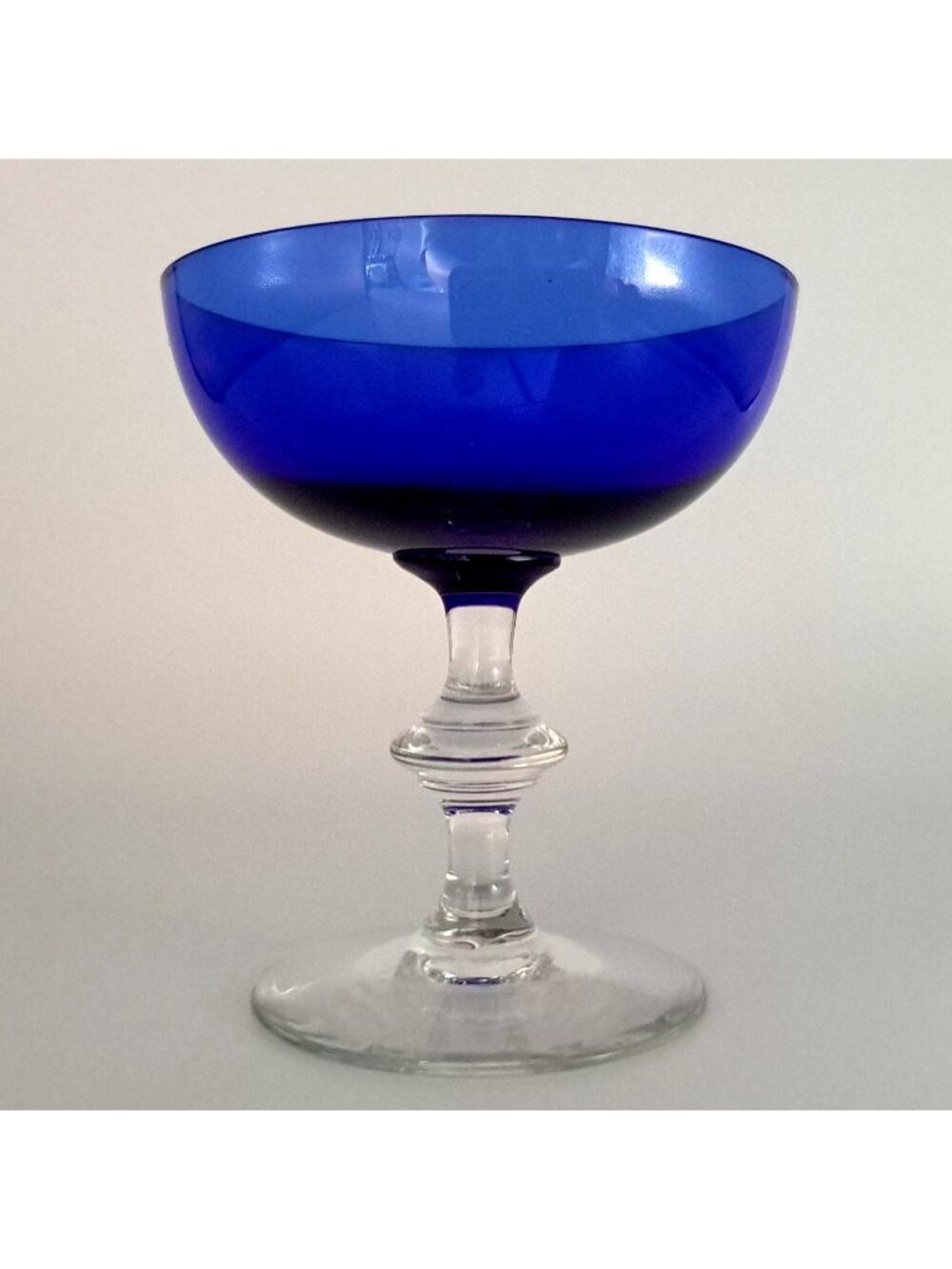 Cobalt Blue Champagne Sherbet Glass 4 1/4" Tall Clear Stem Vintage